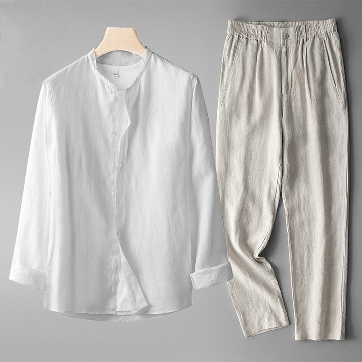 Gianni Men's Linen Co-ord Set – Band Collar Shirt & Trousers – White