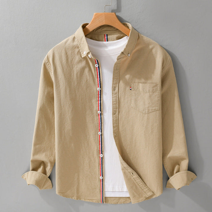 Men's Lightweight Linen Shirt – Striped Placket Detail – Khaki