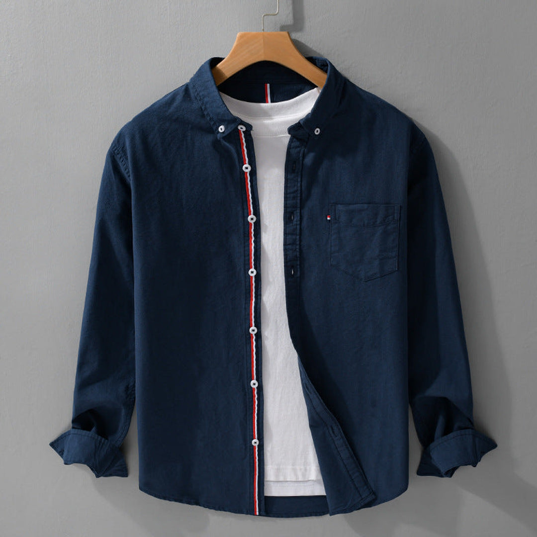 Men's Lightweight Linen Shirt – Striped Placket Detail – Navy