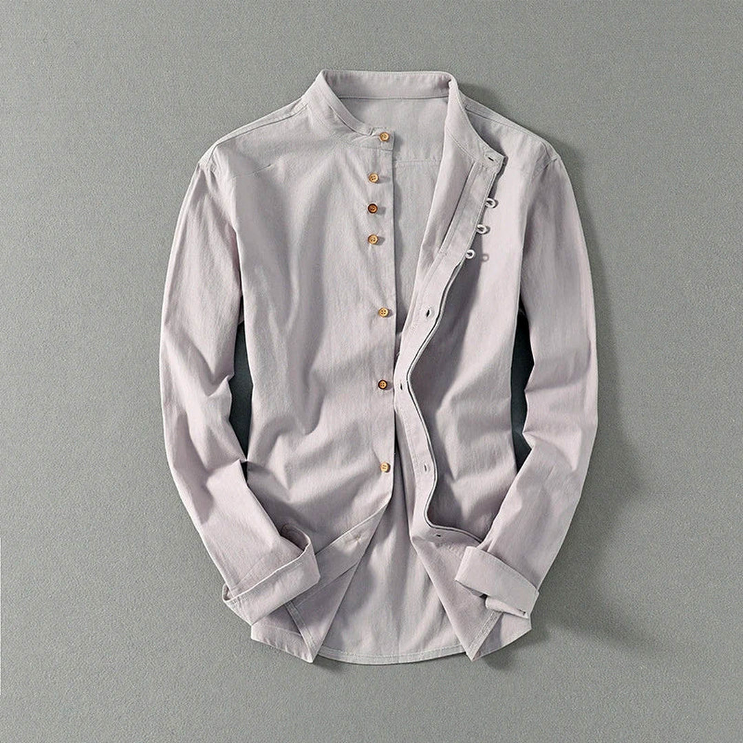 Men's Mandarin Collar Linen Blend Shirt – Kyoto Smart Casual – Blue