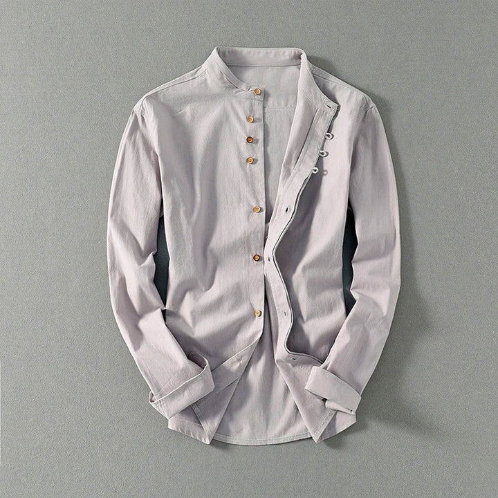 Men's Mandarin Collar Linen Blend Shirt – Kyoto Smart Casual – Blue