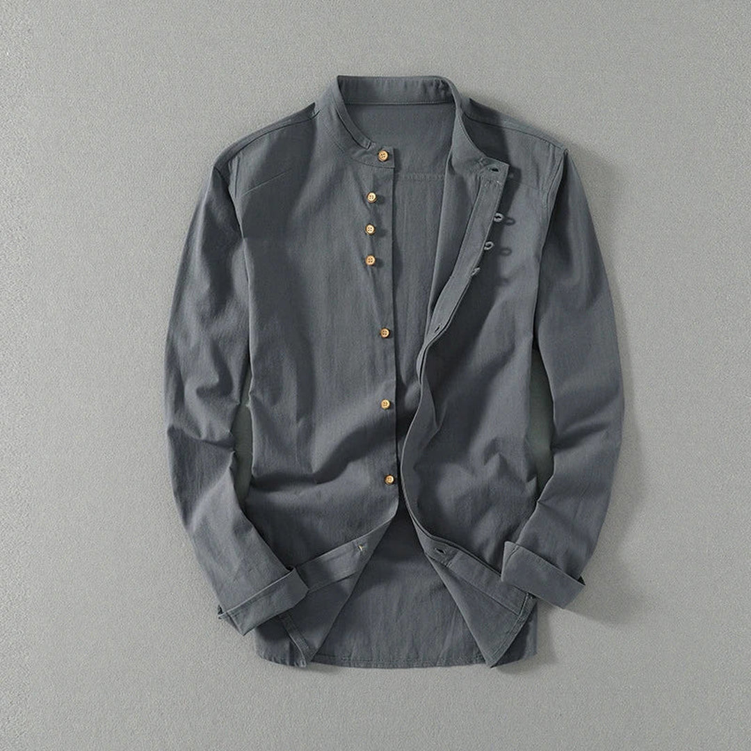 Men's Mandarin Collar Linen Blend Shirt – Kyoto Smart Casual – Grey