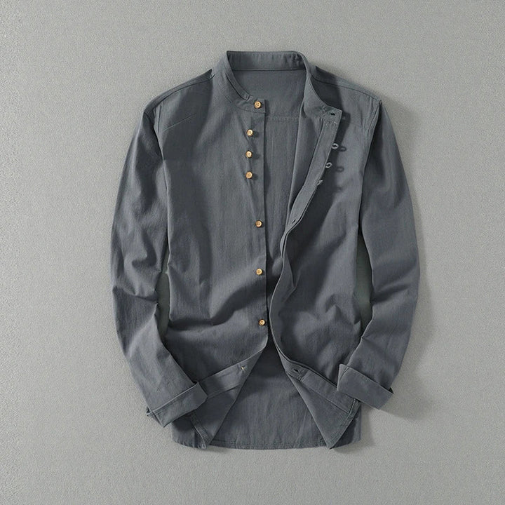 Men's Mandarin Collar Linen Blend Shirt – Kyoto Smart Casual – Grey