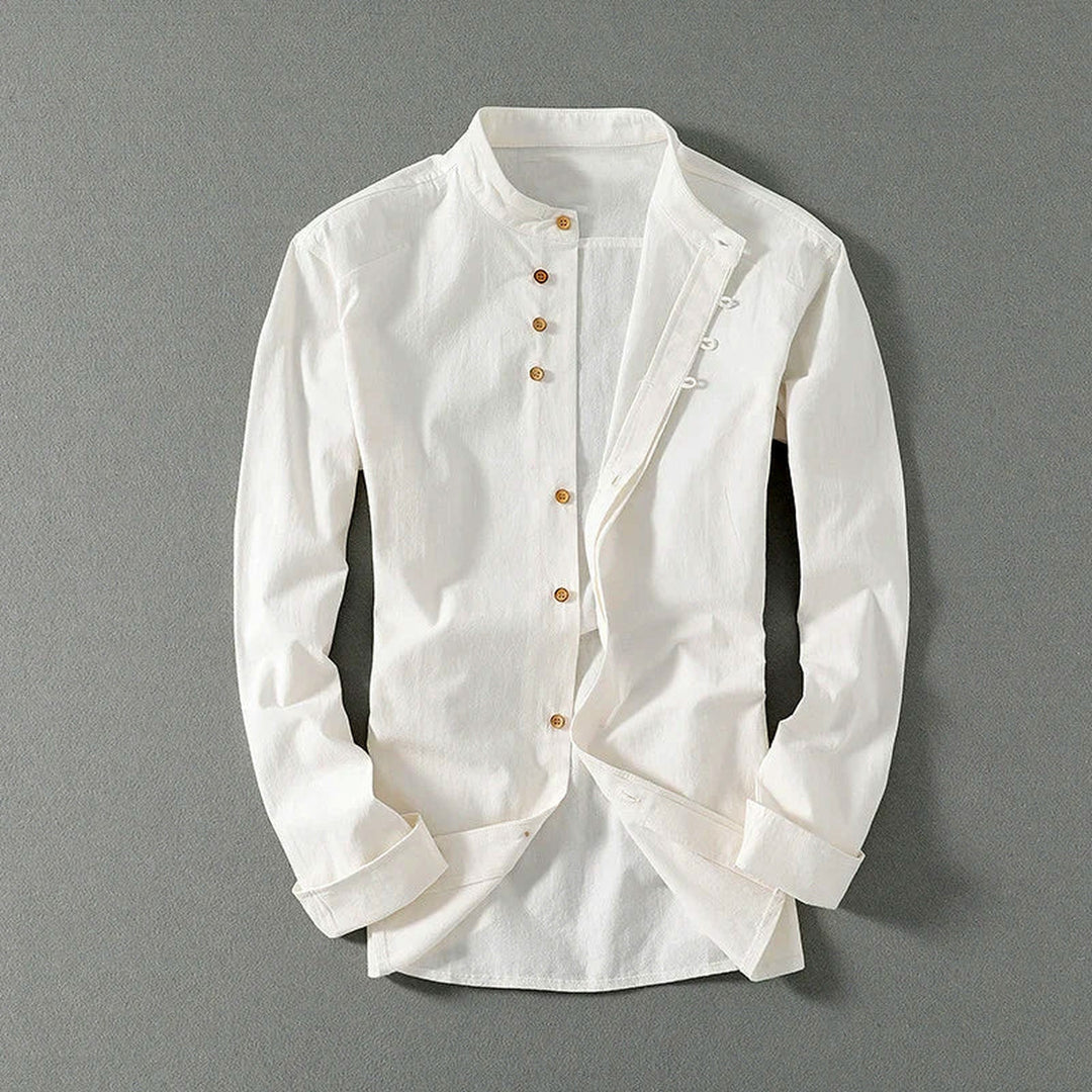 Men's Mandarin Collar Linen Blend Shirt – Kyoto Smart Casual – Dark Grey