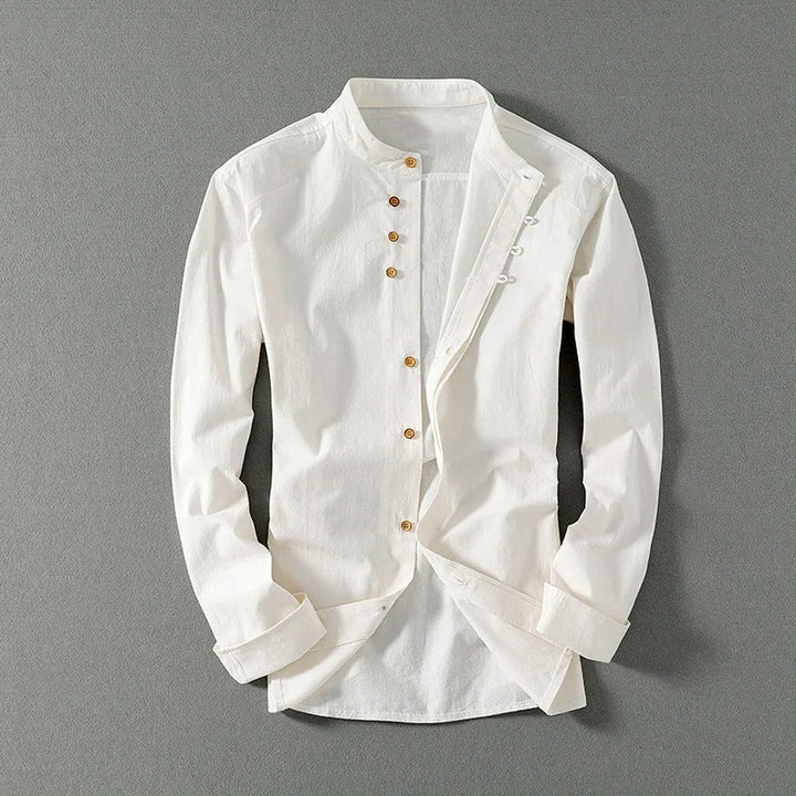 Men's Mandarin Collar Linen Blend Shirt – Kyoto Smart Casual – Dark Grey