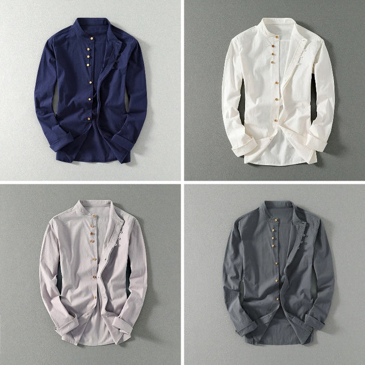 Men's Mandarin Collar Linen Blend Shirt – Kyoto Smart Casual – All Four Colours