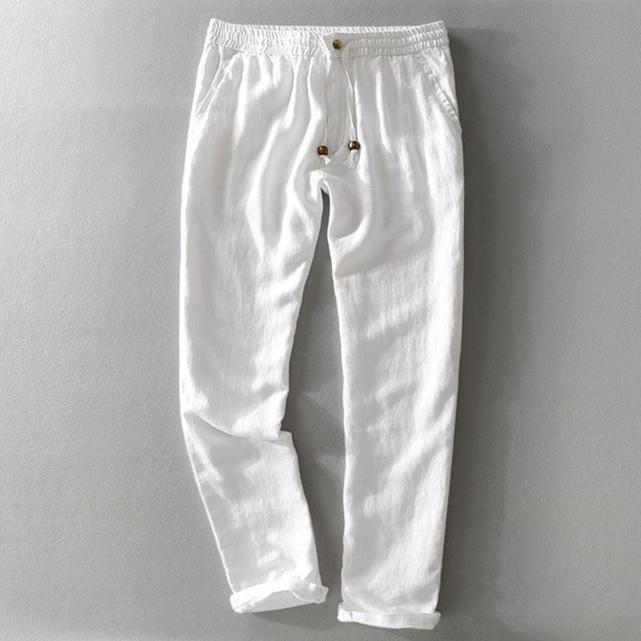 Men's Linen Blend Trousers – Relaxed Drawstring Summer Trousers – Navy