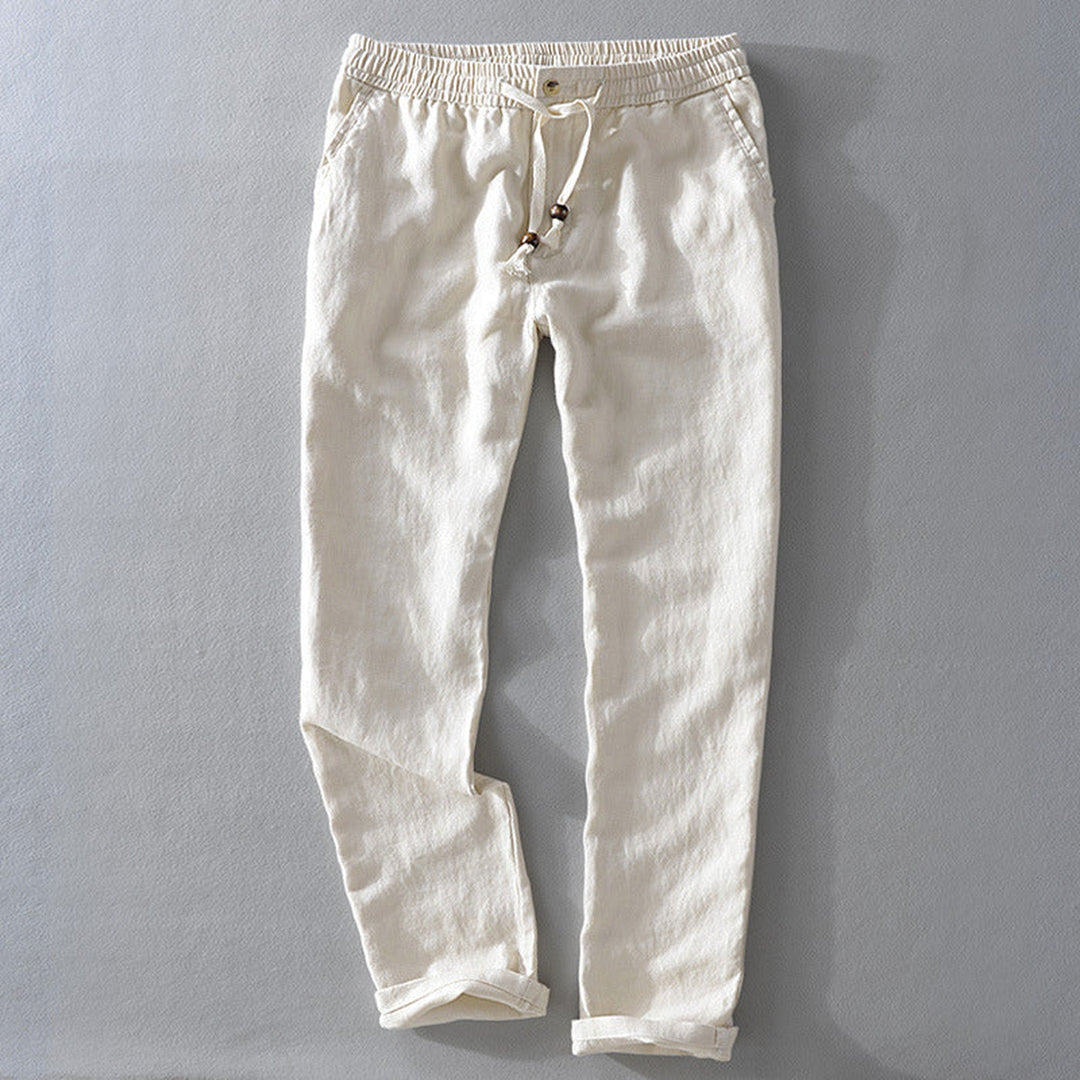Men's Linen Blend Trousers – Relaxed Drawstring Summer Trousers – White