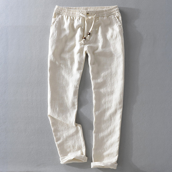 Men's Linen Blend Trousers – Relaxed Drawstring Summer Trousers – White