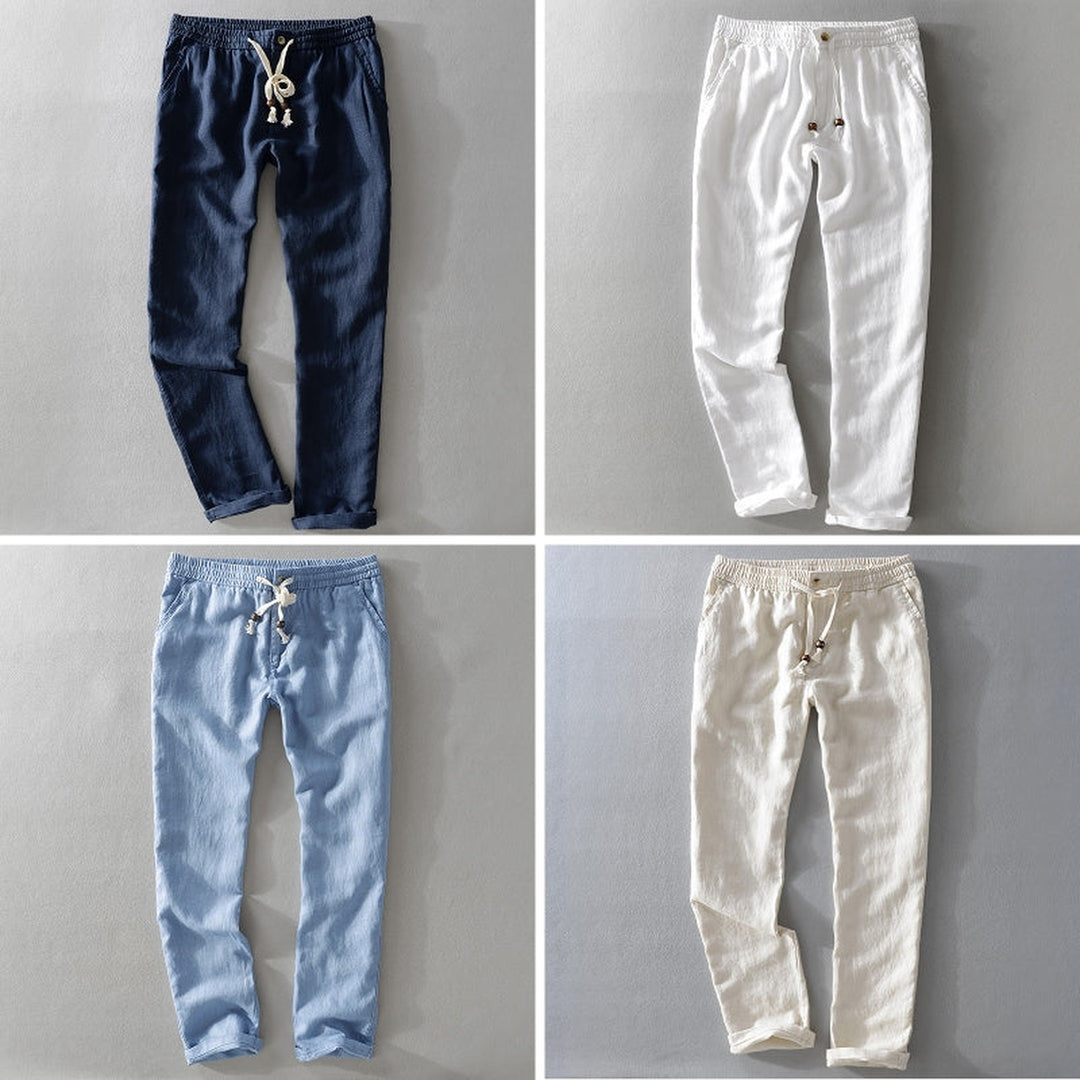 Men's Linen Blend Trousers – Relaxed Drawstring Summer Trousers – Blue