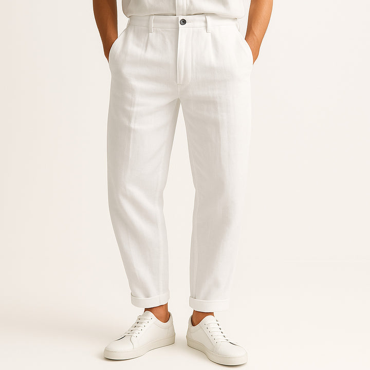 Men's Linen Blend Straight-Leg Trousers – Breathable Summer Wear – White