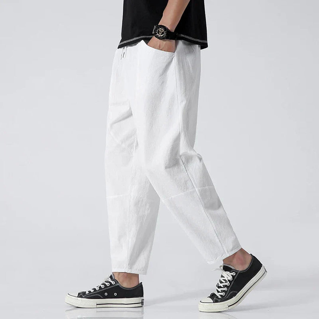 Men's Cotton-Linen Cropped Trousers – Relaxed Tapered Fit – Khaki