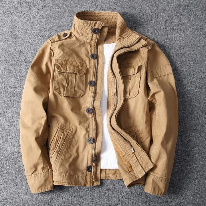Men's Military Utility Jacket – Lightweight Button-Front Field Coat – Khaki