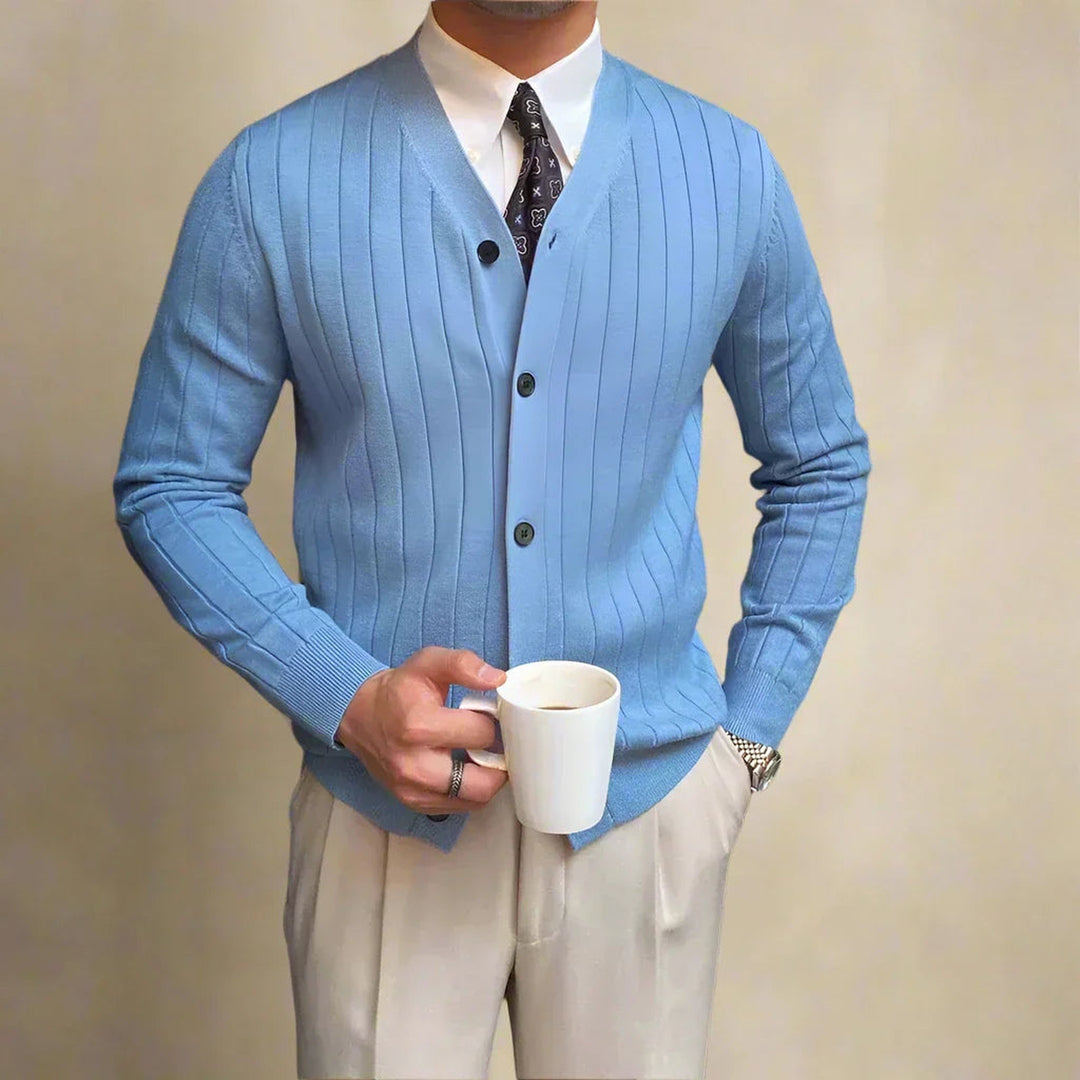 Men's Pleated Knit Cardigan – V-Neck Button-Front Layer – Onyx Black