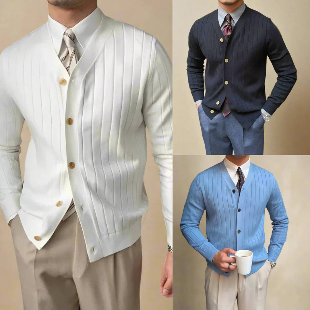 Men's Pleated Knit Cardigan – V-Neck Button-Front Layer – 3-Pack (Arctic White/Onyx Black/Skyfall Blue)