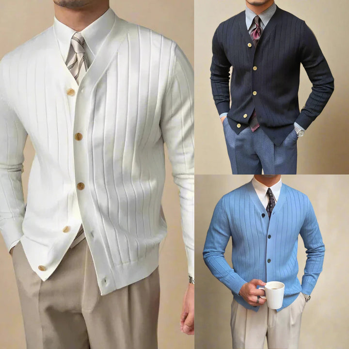 Men's Pleated Knit Cardigan – V-Neck Button-Front Layer – 3-Pack (Arctic White/Onyx Black/Skyfall Blue)