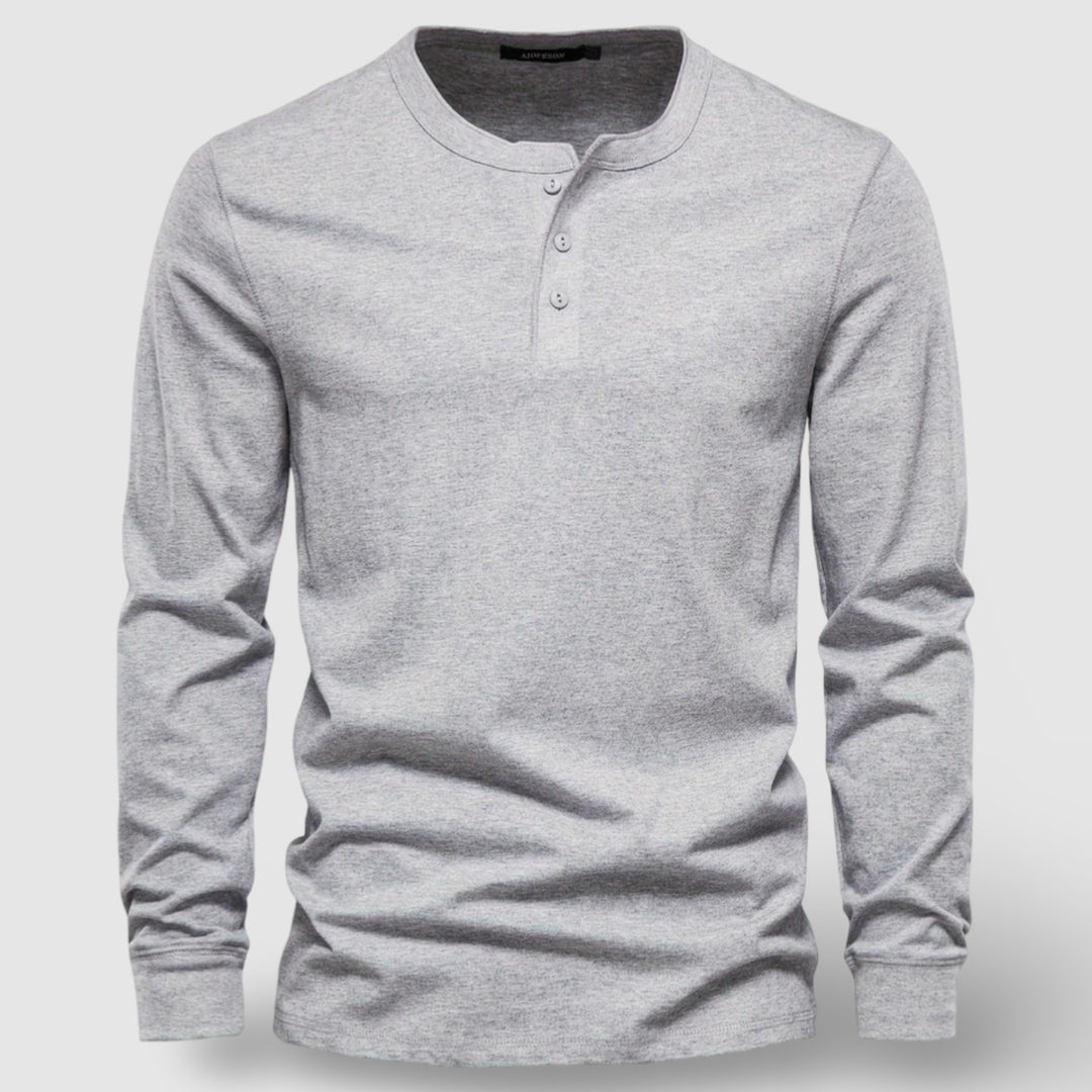 Men's Long Sleeve Cotton Henley – Buttoned Everyday Top – Light Grey