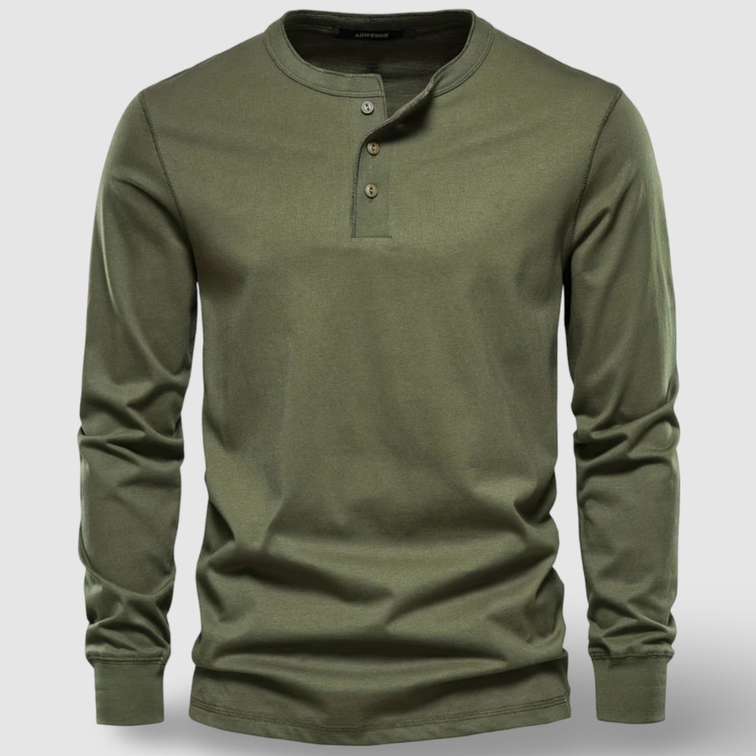 Men's Long Sleeve Cotton Henley – Buttoned Everyday Top – Army Green