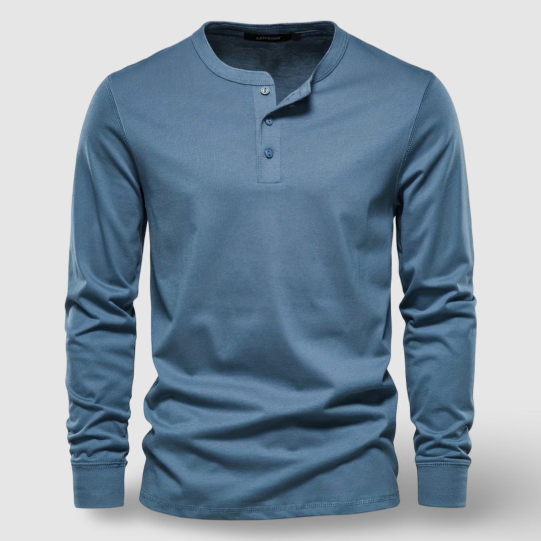 Men's Long Sleeve Cotton Henley – Buttoned Everyday Top – White
