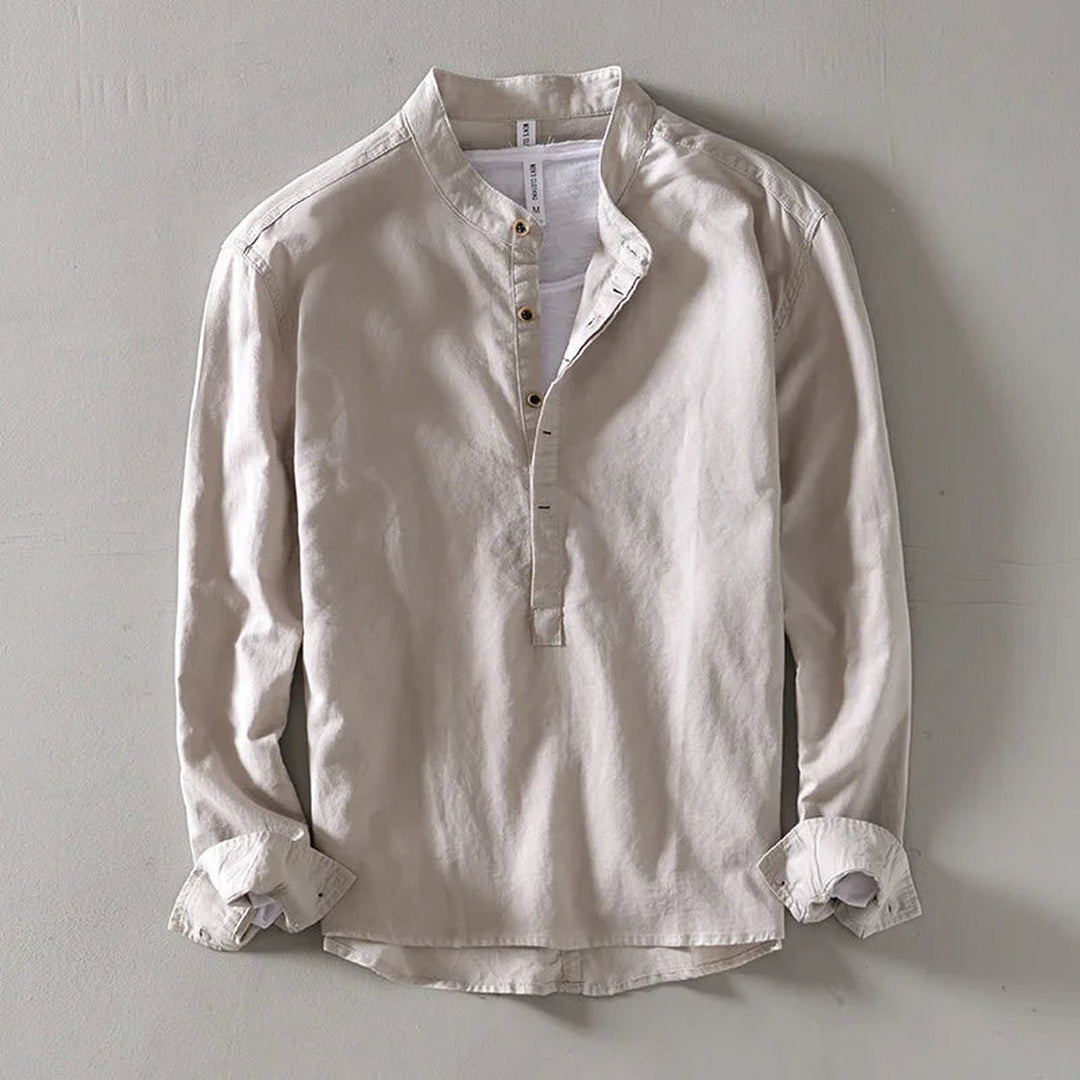 Men's Linen Blend Shirt – Relaxed Long Sleeve Summer Shirt – Khaki