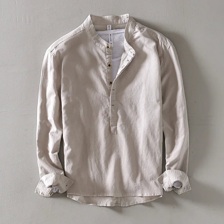 Men's Linen Blend Shirt – Relaxed Long Sleeve Summer Shirt – Khaki