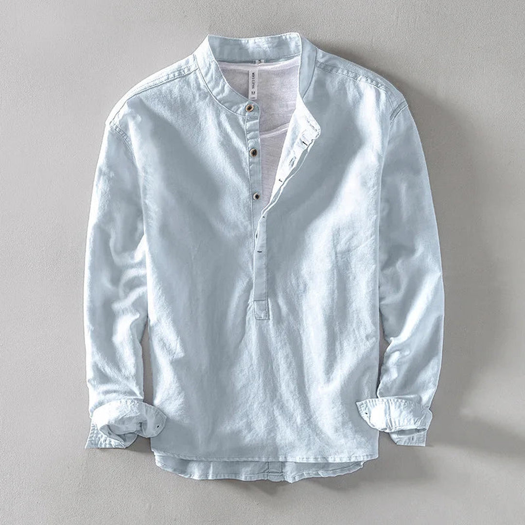 Men's Linen Blend Shirt – Relaxed Long Sleeve Summer Shirt – Sky Blue