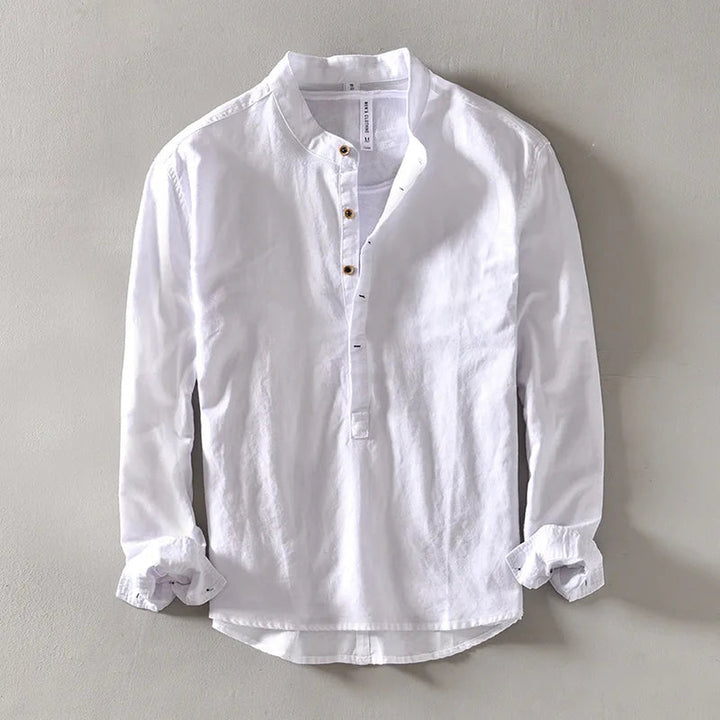 Men's Linen Blend Shirt – Relaxed Long Sleeve Summer Shirt – White