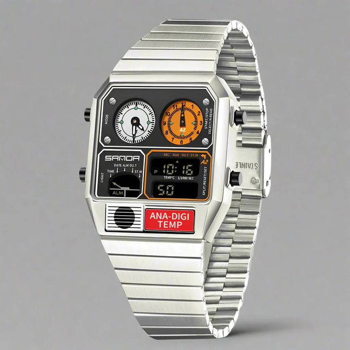 Men's Analogue-Digital Watch – Retro Dual Display Timepiece – Silver Black