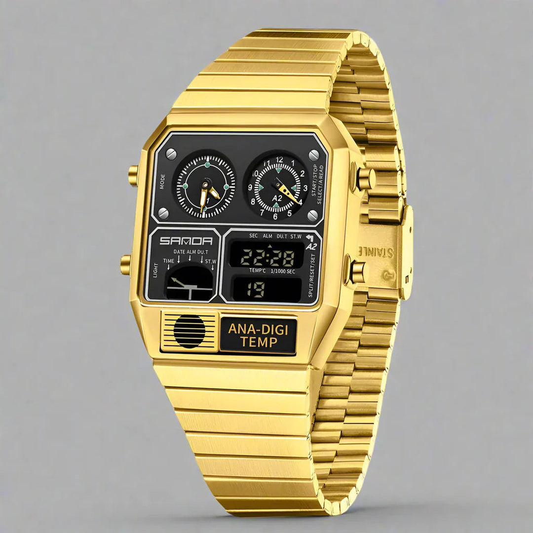 Men's Analogue-Digital Watch – Retro Dual Display Timepiece – Gold Black