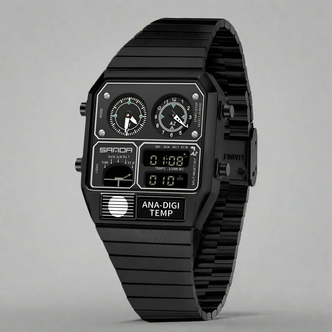 Men's Analogue-Digital Watch – Retro Dual Display Timepiece – All Black