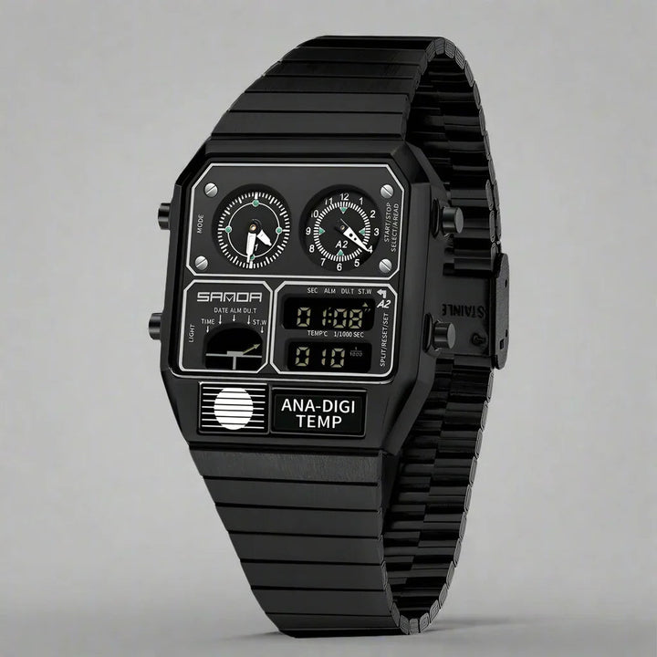 Men's Analogue-Digital Watch – Retro Dual Display Timepiece – All Black