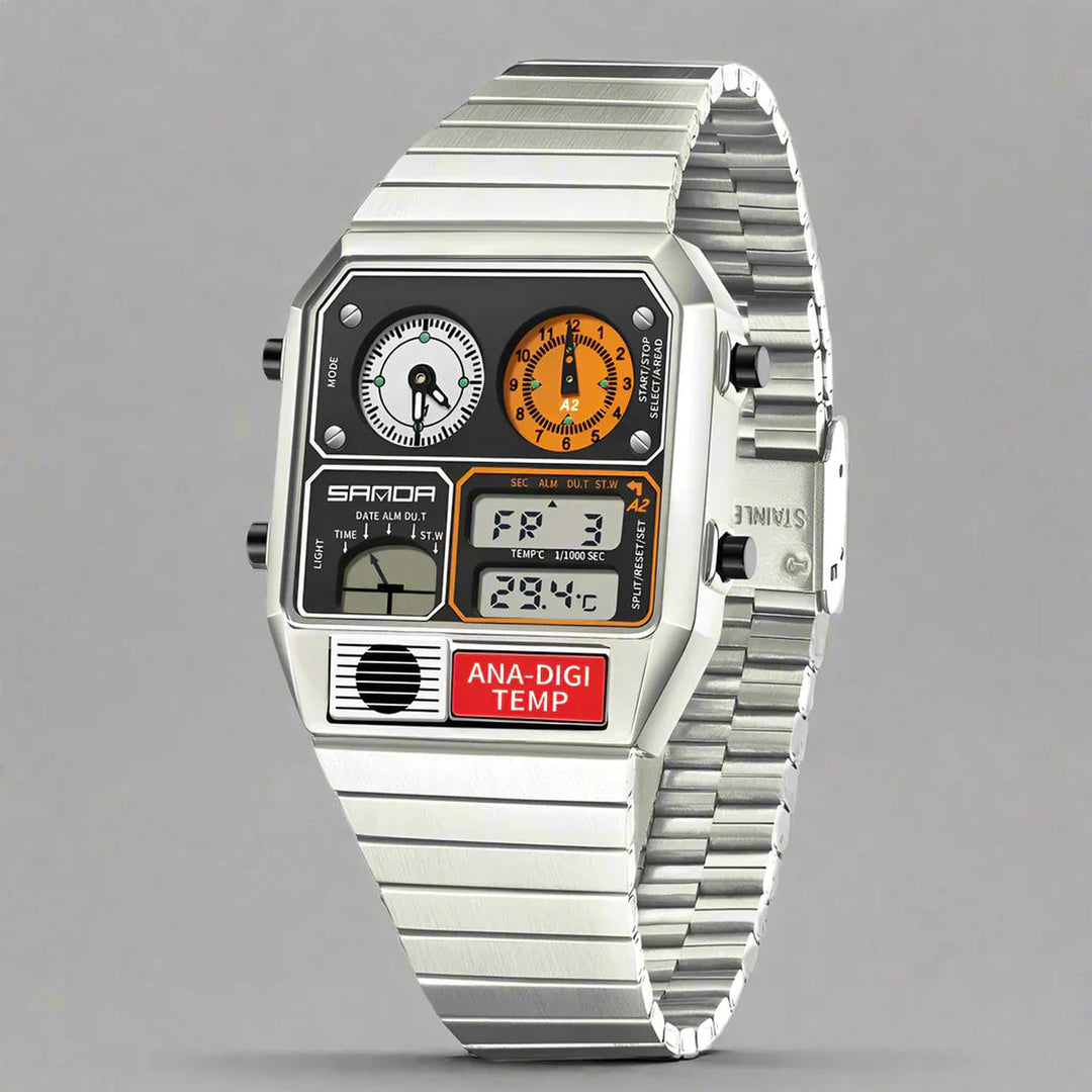 Men's Analogue-Digital Watch – Retro Dual Display Timepiece – Silver White