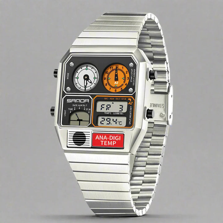 Men's Analogue-Digital Watch – Retro Dual Display Timepiece – Silver White