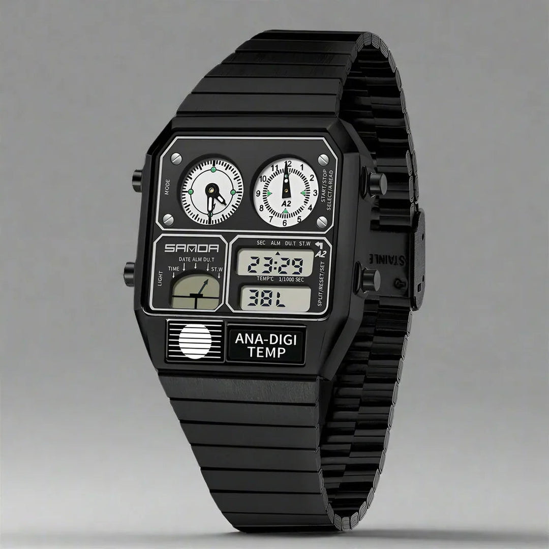 Men's Analogue-Digital Watch – Retro Dual Display Timepiece – Black White