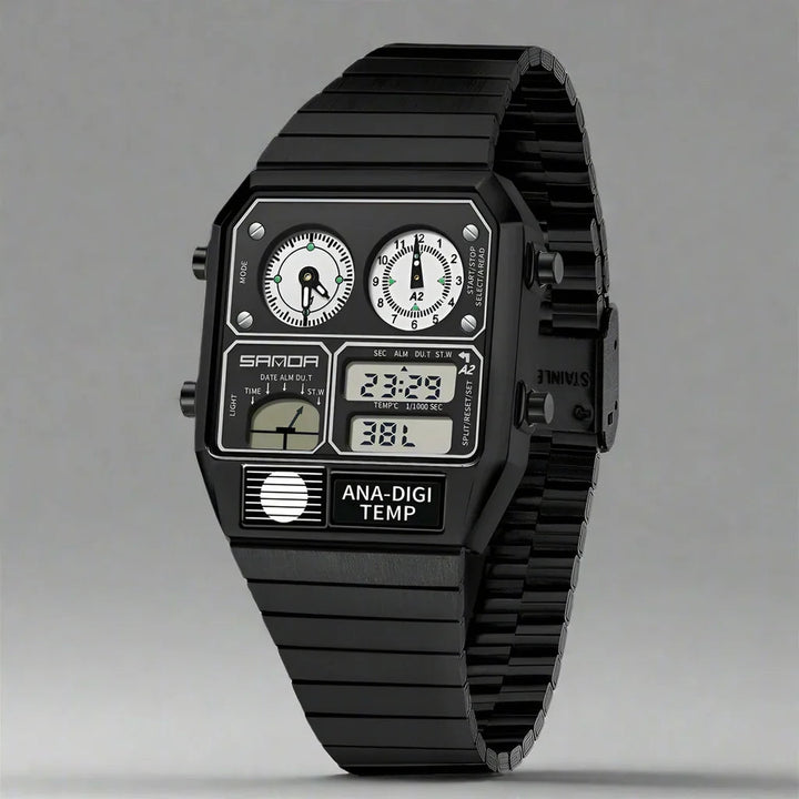 Men's Analogue-Digital Watch – Retro Dual Display Timepiece – Black White