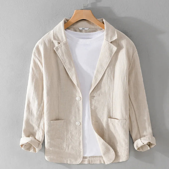 Men's Linen Blend Jacket – Relaxed Garment-Dyed Summer Layer – Beige