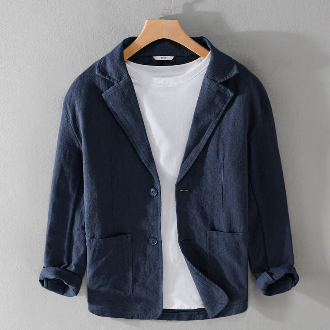 Men's Linen Blend Jacket – Relaxed Garment-Dyed Summer Layer – Azure