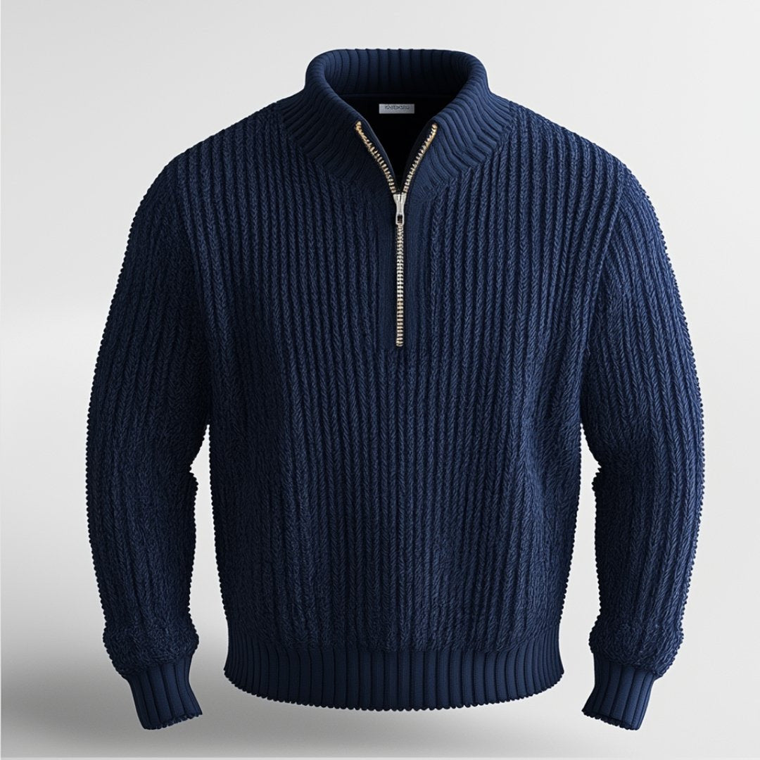 Men's Cotton-Blend Quarter-Zip Jumper – Thick Knit Highland Sweater – Blue