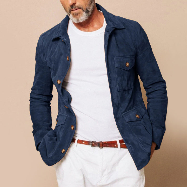 Men's Faux Suede Jacket – Soft Velour Four-Pocket Button Front – view 3