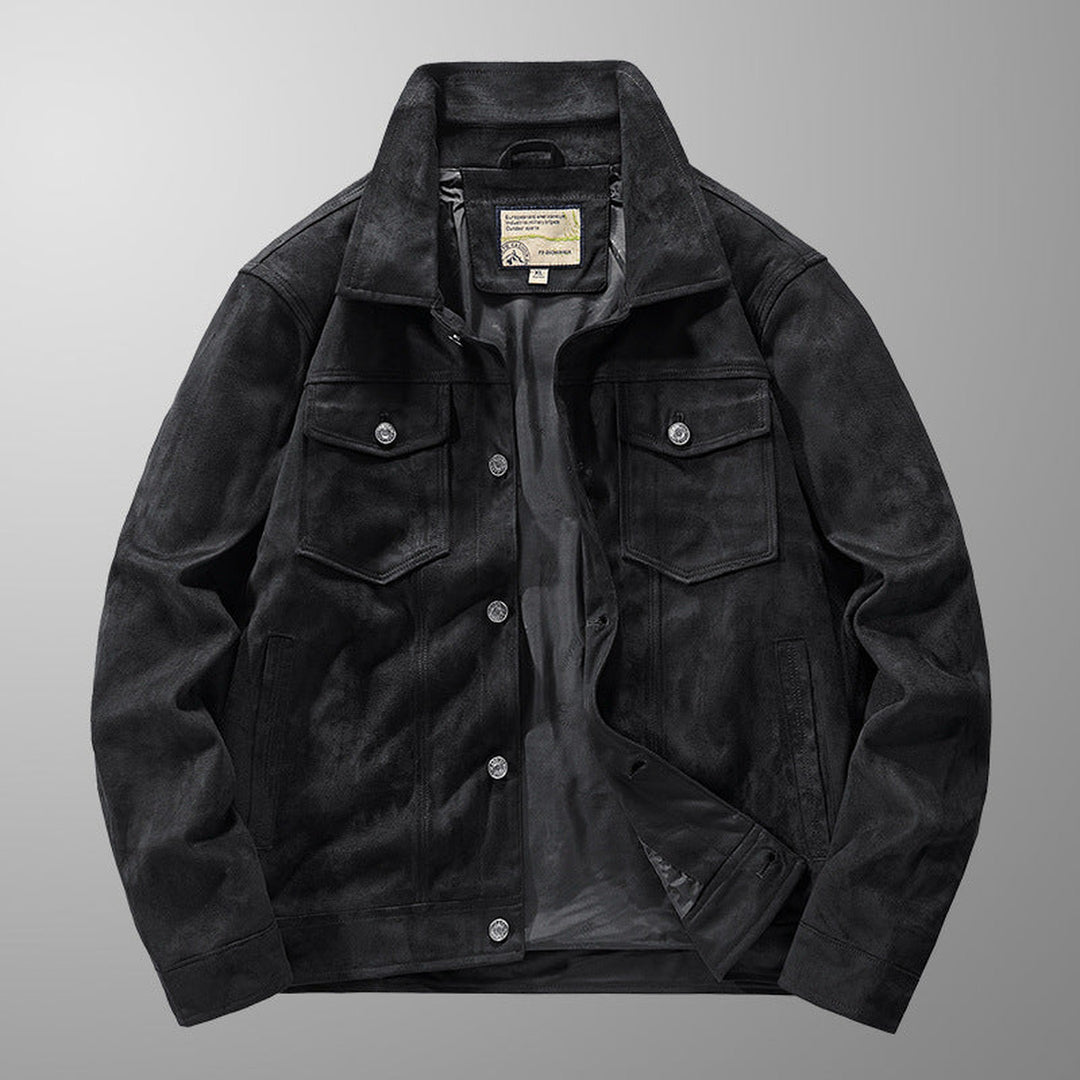 Men's Genuine Suede Jacket – Riviera Zip-Front with Point Collar – Black