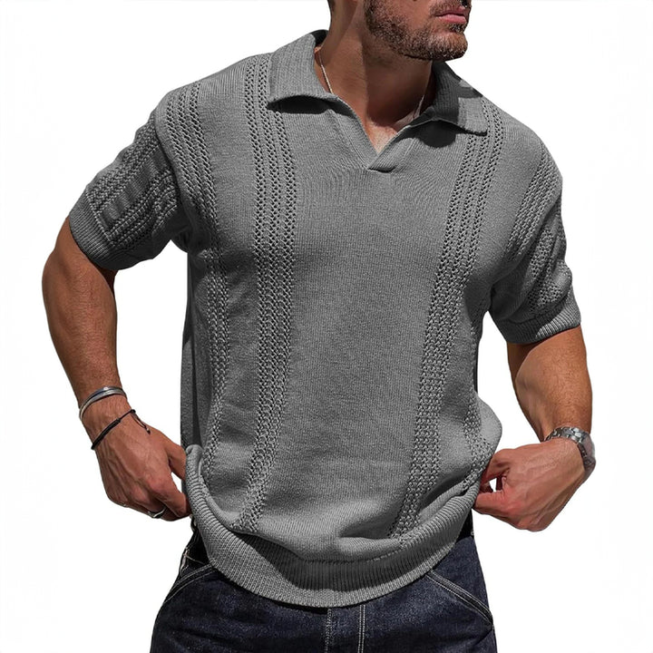 Men's Knitted Polo Shirt – Breathable Ribbed Collar Knit – Grey