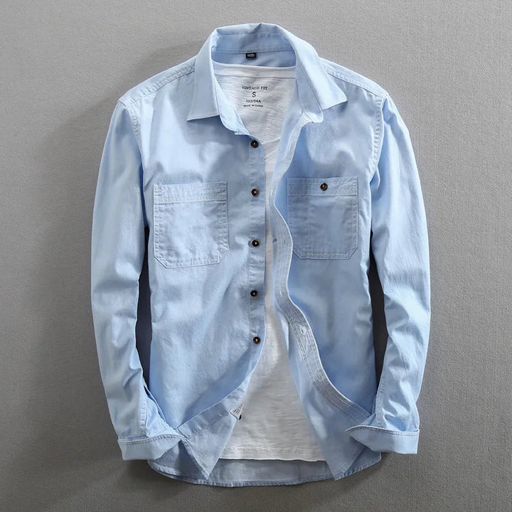 Men's Vintage Denim Shirt – Slim Fit Casual Layering Staple – Light Blue