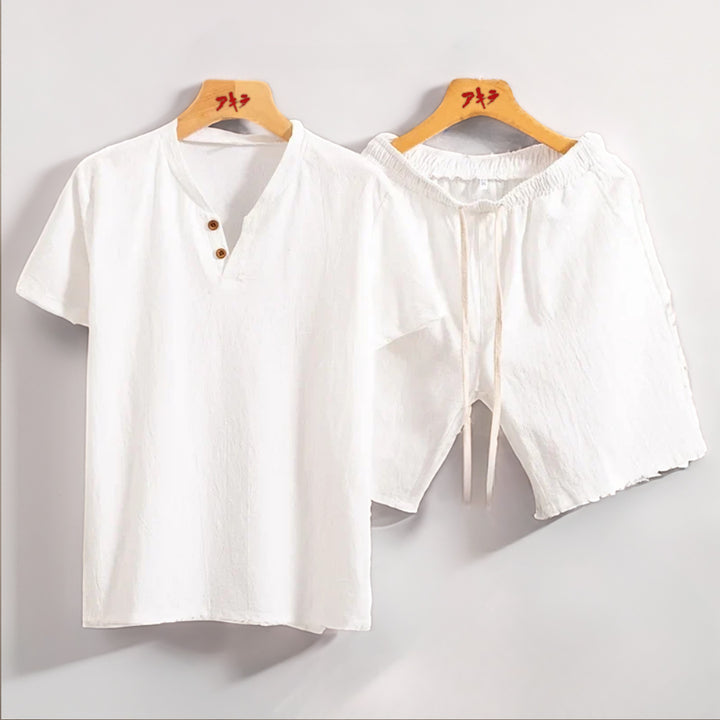Men's Linen Two-Piece Set – Breathable Shirt and Trousers Co-ord – White