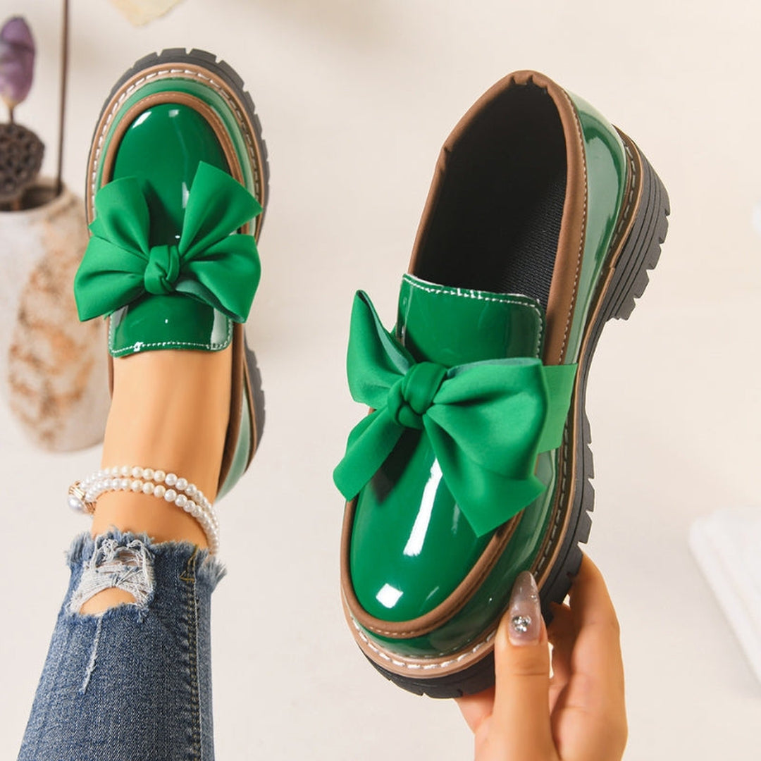 Women's Patent Leather Bow Loafers – Chunky Platform Sole – Green