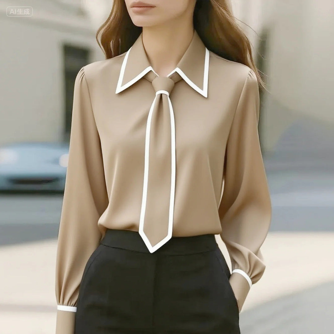 Women's Cotton-Blend Tie Blouse – Contrast Piping Workwear – Beige