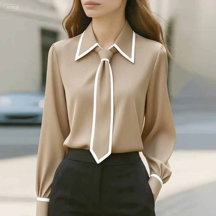 Women's Cotton-Blend Tie Blouse – Contrast Piping Workwear – Beige
