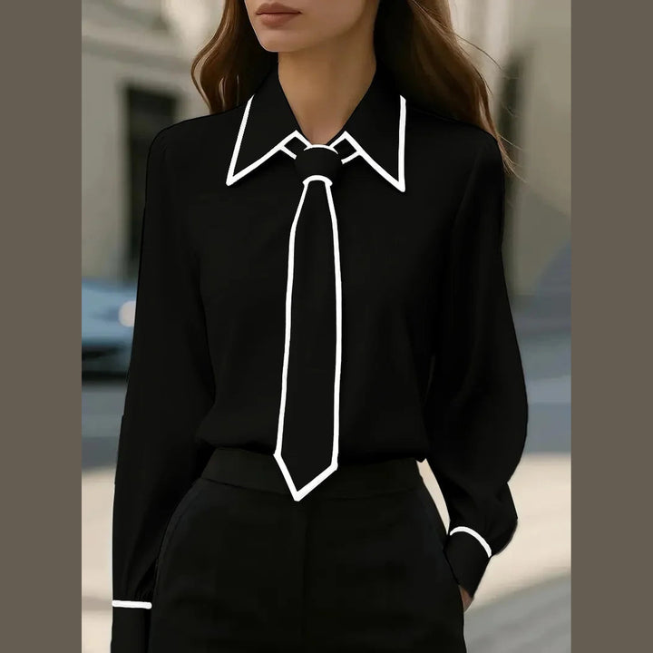Women's Cotton-Blend Tie Blouse – Contrast Piping Workwear – Black