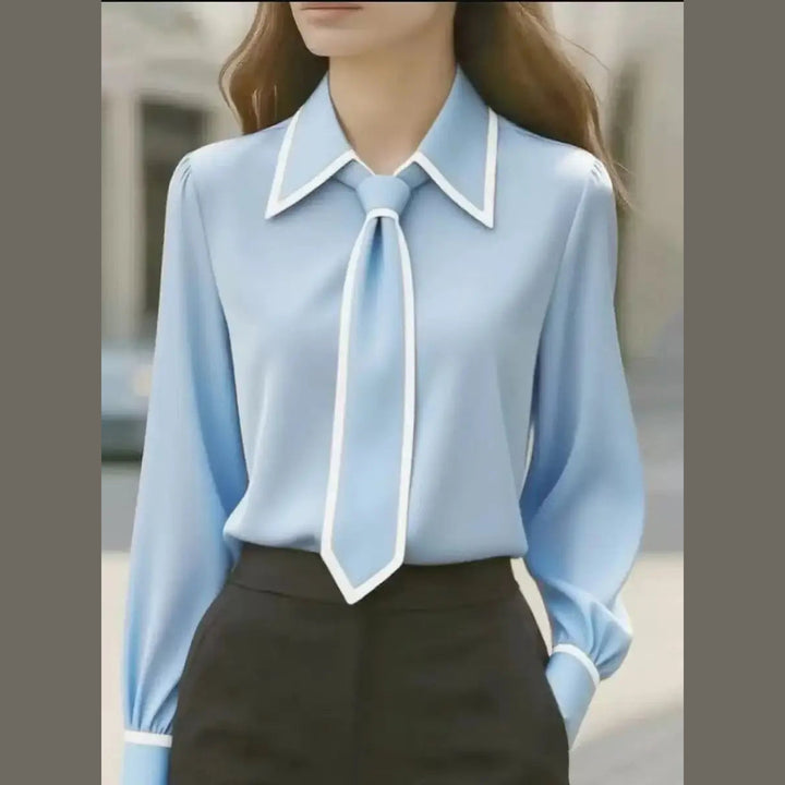 Women's Cotton-Blend Tie Blouse – Contrast Piping Workwear – Sky Blue