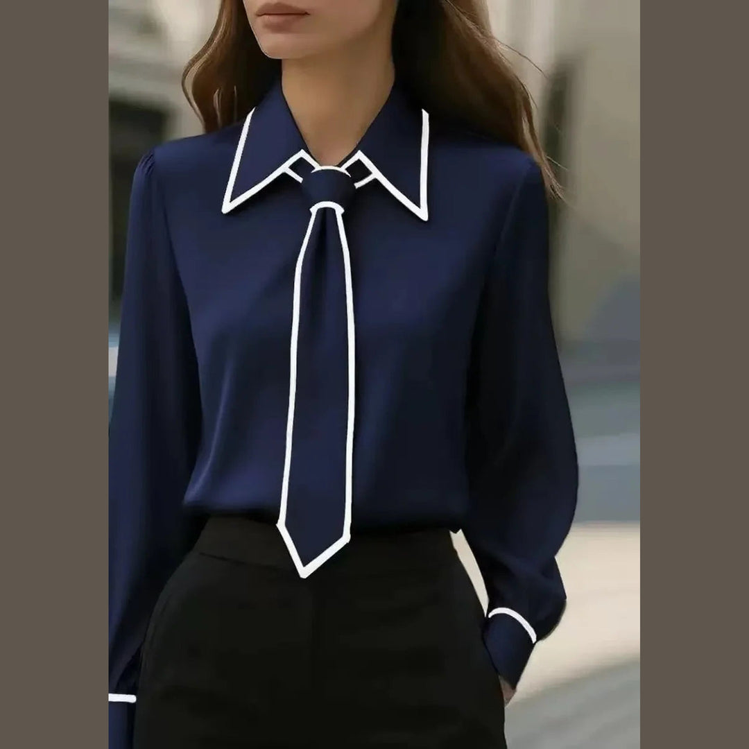 Women's Cotton-Blend Tie Blouse – Contrast Piping Workwear – Navy