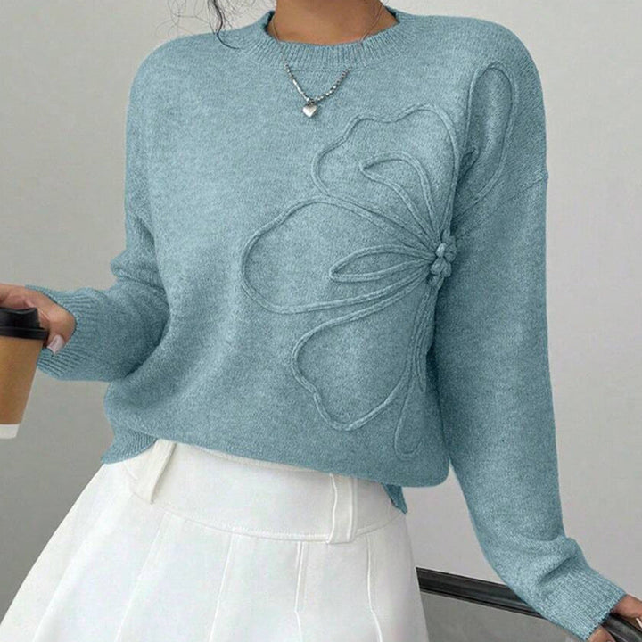 Women's Floral Knit Jumper – Relaxed Crew Neck Everyday Knit – Light Blue